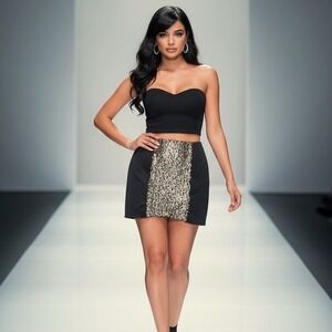 Lush Panel Mini Skirt high-low hemline Women's Large Black Gold Sequin